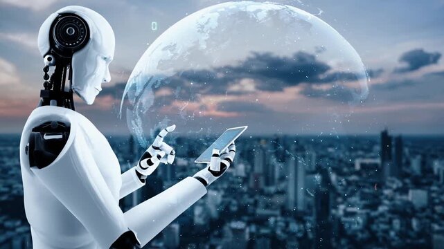 Futuristic robot artificial intelligence huminoid AI programming coding technology development and machine learning concept. Robotic bionic science research for future of human life. 3D rendering.