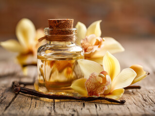 Glass bottle of aromatic vanilla essential oil with fresh vanilla orchids and pods on rustic wooden surface in warm natural lighting