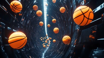 Orange basketball sphere in the basket during a competitive game