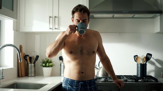 A shirtless man in pajama bottoms holding a mug of coffee in a modern kitchen, looking away vector illustration