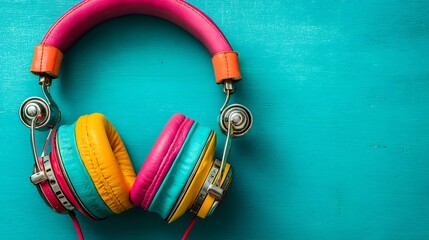Colorful headphones rest on a vibrant turquoise background.
