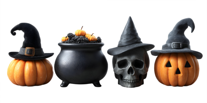 Spooky 3D Render Halloween Arrangement Featuring Pumpkins, Skull and Witch Cauldron