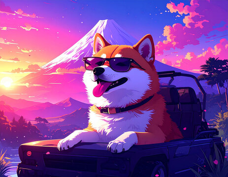Shiba Inu with Sunglasses Driving an Off-Road Vehicle in Snowy Mountains at Sunrise｜A Thrilling and Joyful Winter Adventure with Mt. Fuji in 2026