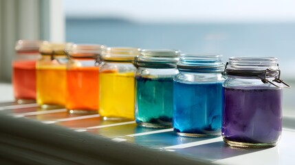 Jars of vibrant liquids line up in rainbow colors against a bright background.