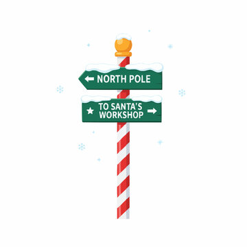 Festive north pole and santa's workshop directional signpost vector illustration for holiday graphics