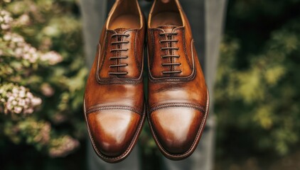 Elegant polished brown leather dress shoes with intricate stitching and classic lacing details displayed in a stylish outdoor setting with blurred foliage background