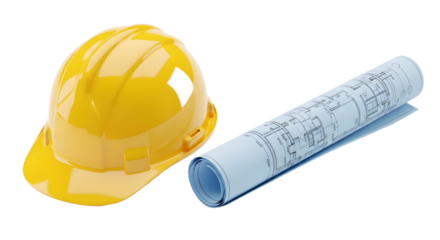Yellow construction helmet and blueprints, symbols of building and industrial projects, isolated on a clean white background