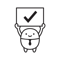 Cute cartoon businessman character holding a checkmark sign. Simple outline vector illustration for concepts of approval, success, and task completion.
