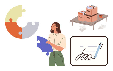 Woman holding a puzzle piece, organizational boxes with folders, scattered papers, and a signing gesture. Ideal for problem-solving, organization, teamwork, creativity, planning productivity simple
