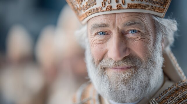 Elderly man with a beard in ornate ceremonial attire, smiling warmly.