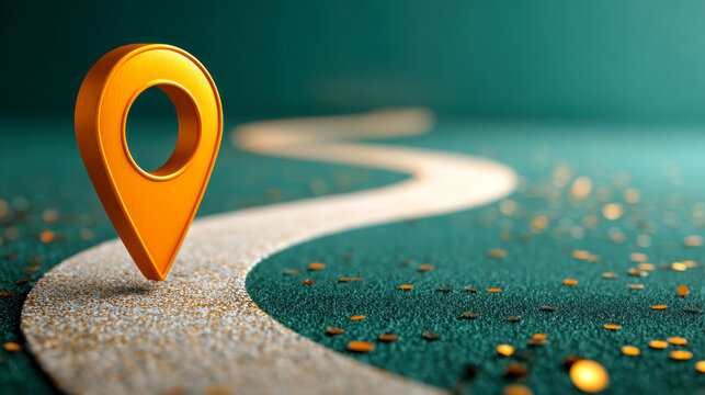 Yellow location marker on a winding white path symbolizing navigation and direction with a blurred teal background and scattered orange and black confetti particles