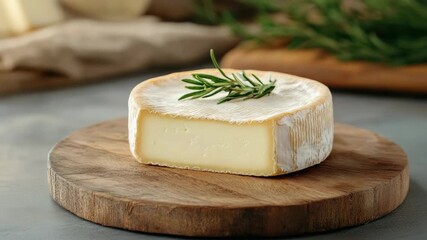Gourmet creamy cheese on wooden board with rosemary and fresh herb garnish for culinary delights