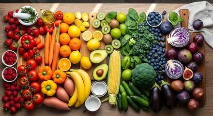 Vibrant and Fresh Assortment of Fruits and Vegetables Organized by Color on a Wooden Cutting Board