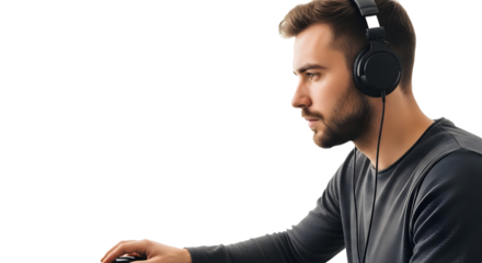 Dedicated young professional intently working at computer, wearing headphones for enhanced focus, isolated on a clean white background, showcasing productivity