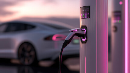 Electric vehicle charging scene at dusk, highlighting a close charger plug connected to a sleek car, bathed in soft purple light and a calm futuristic ambiance.