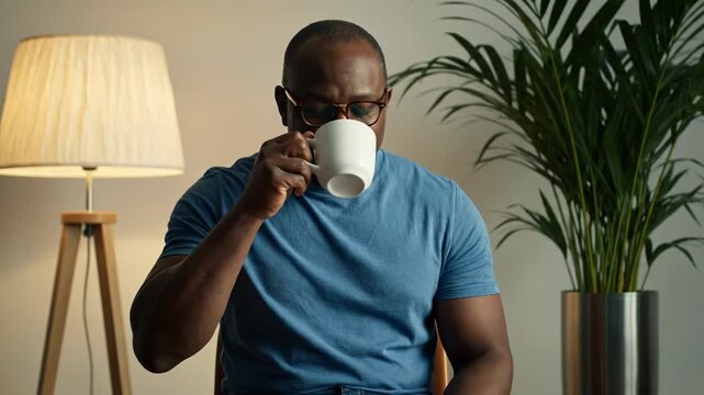 A smiling black man in his 40s wearing glasses and a blue tshirt, holding a mug and looking thoughtfully to the side in a cozy living room setting with a floor lamp and a plant vector illustration