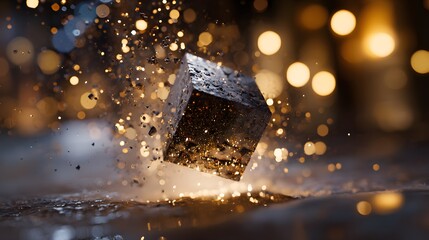 A dark cube explodes with golden sparks against blurred bokeh lights.