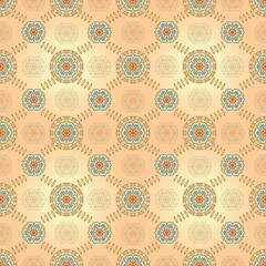 Seamless Mandala Floral Pattern in Blue, Orange, and Green on Beige Background