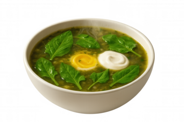 Spinach green soup served in a white bowl with cream, egg yolk, and fresh leaves, healthy nutrition, transparent background