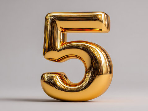 Shiny golden numeral five standing upright on a smooth neutral background reflecting light and surroundings in a bold, modern style for design use