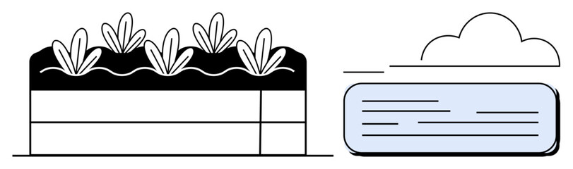 Cross-section of soil layers with growing plants alongside cloud and digital tag. Ideal for agriculture, technology, environment, sustainability, smart farming, innovation, education. Simple flat