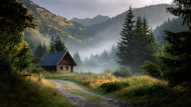 Small wooden cabin in valley covered by soft morning mist 