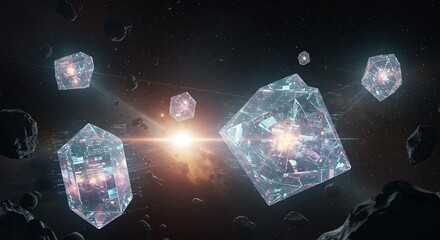 Obraz premium Intricate glowing energy cubes, embodying advanced technology, adrift in the vast cosmic expanse, radiating mysterious power, symbolizing universal concepts of the future