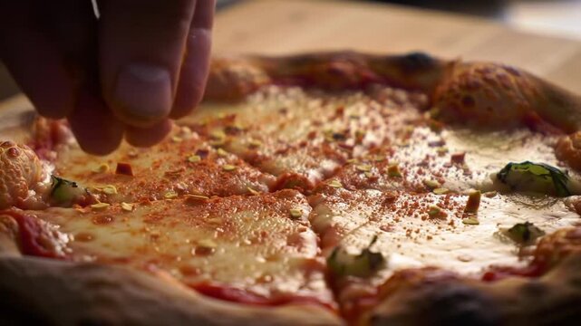 Close up of a hand sprinkling spices on a freshly baked pizza pie