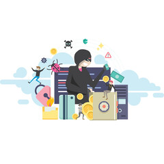 Digital Hacker Stealing Money and Data with Padlock and Computer Server Security Breach Cybercrime Concept Flat Design Illustration