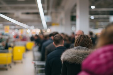 Blurred image of customers standing in line, emphasizing the concept of waiting or retail congestion