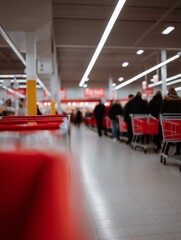 Blurred image of customers standing in line, emphasizing the concept of waiting or retail congestion