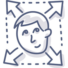 Doodle Illustration of a Smiling Male Face Surrounded by Four Outward Pointing Arrows Representing Expansion or Growth on a Transparent Background