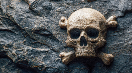 A detailed textured stone carving of a skull with crossed bones embedded on a rugged dark grey rock surface symbolizing danger and warning