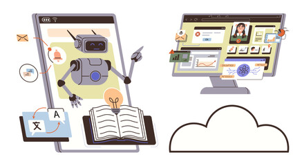 Robot interacting with an open book and screen, translating, analyzing desktop displaying digital files and learning interfaces. Ideal for online learning, AI tools, data processing, education
