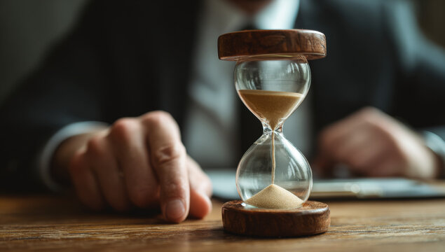 Close up of wooden hourglass desk, symbolizing time management and focus business setting. hand of businessman is reaching towards it - Powered by Adobe