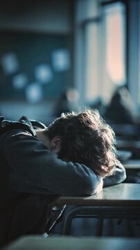 Male high school student asleep on his desk, concept of fatigue and exhaustion during teenage years
