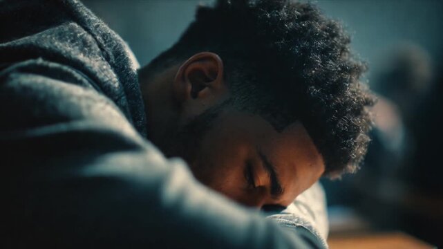 Male high school student asleep on his desk, concept of fatigue and exhaustion during teenage years