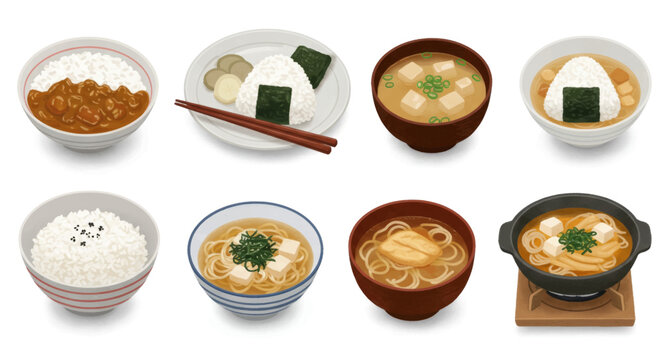 Delicious Japanese Food Assortment Rice, Onigiri, Miso Soup, and Curry