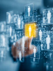 Selecting a highlighted digital human icon within a network of virtual profiles representing talent acquisition and human resources management concepts