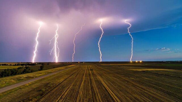 Dramatic lightning bolts strike rural agricultural fields during electrical thunderstorm and dark blue sky at dusk creating a powerful force of nature