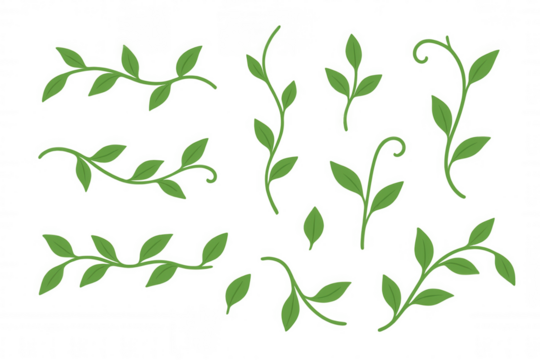 Green leaves with stems and tendrils forming a botanical set, ideal for decorating and design, with transparent background - Powered by Adobe