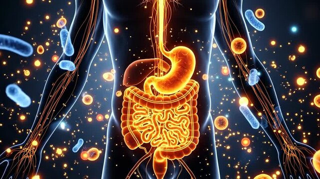 Transparent 3D human silhouette with illuminated digestive system and floating glowing microbiome particles on dark background