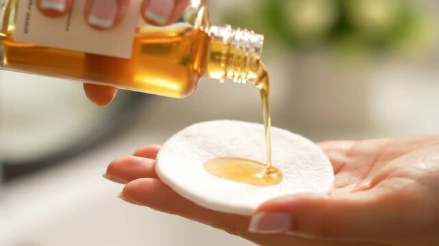 A hand pouring cosmetic liquid from a glass bottle onto a white cotton pad for skincare application vector illustration