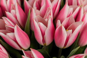 Obraz premium Close up of vibrant pink tulips with delicate petal edges and soft light, showcasing natural texture and fresh spring beauty in a lush garden.
