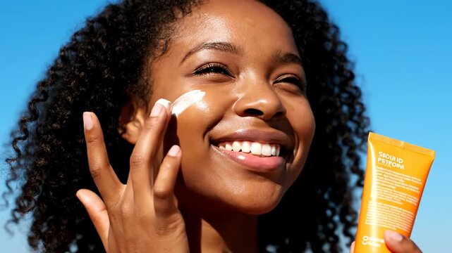 A smiling black woman holding sunscreen tube against a bright blue sky, promoting sun protection and skincare vector illustration
