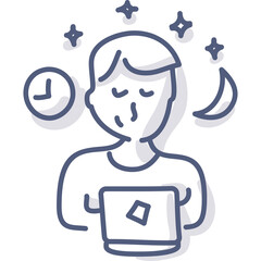 Doodle Art Of A Person Working Late At Night With Clock Moon And Stars Above Representing Time Management And Dedication In Blue Outline With Transparent Background