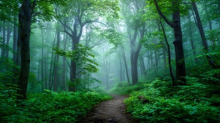 Obraz premium A misty forest path winds through lush green trees and foliage.