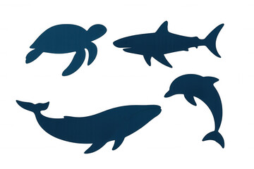Fototapeta premium Marine animal silhouette set for sea life and ocean wildlife concepts, including whale, shark, dolphin, and turtle