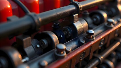 Close-up of a mechanical machine resting on the ground in an outdoor area, showing details of metal parts, gears, and industrial design under natural light