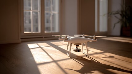 A white drone with a camera rests on a wooden floor in a sunlit room.